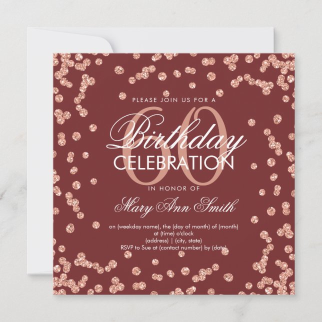 Rose Gold Burgundy 60th Birthday Glitter Confetti Invitation (Front)