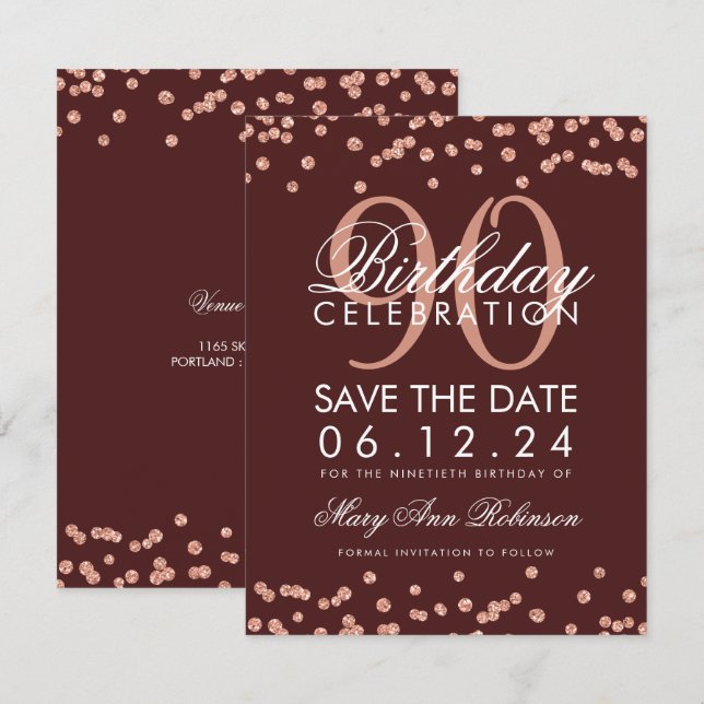 Rose Gold Burgundy 90th Birthday Confetti Invitation (Front/Back)