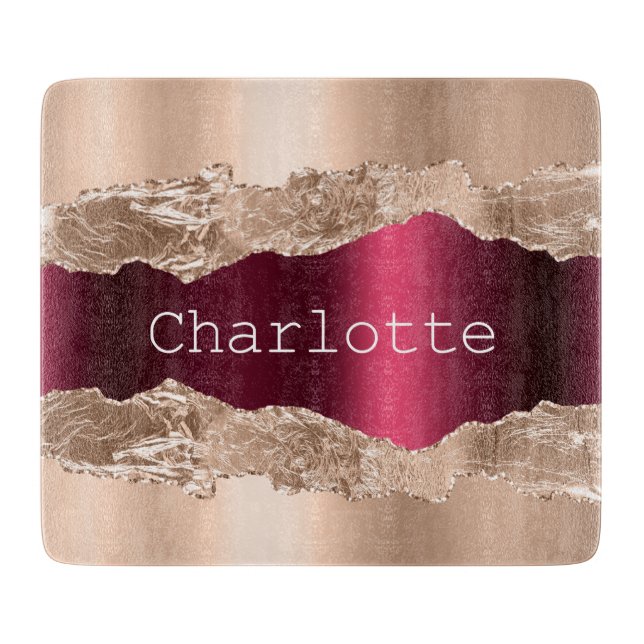 Rose gold burgundy agate marble name elegant cutting board (Front)