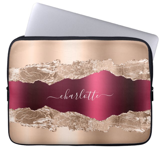 Rose gold burgundy agate marble name script laptop sleeve (Front)