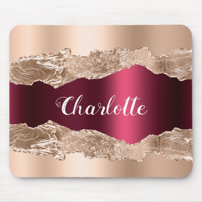 Rose gold burgundy agate marble name script mouse mat (Front)