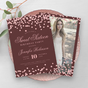 Rose Gold Burgundy Confetti Photo Sweet 16   Invitation