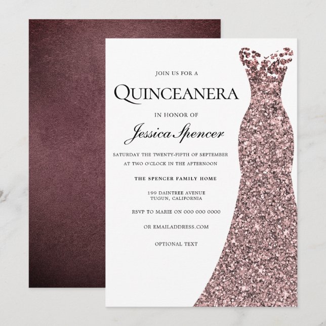 Rose Gold Burgundy Dress Quinceanera Invite (Front/Back)