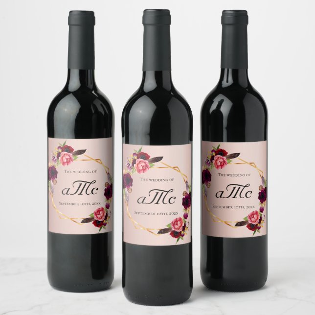 Rose gold burgundy floral geo monogram Wedding Wine Label (Bottles)