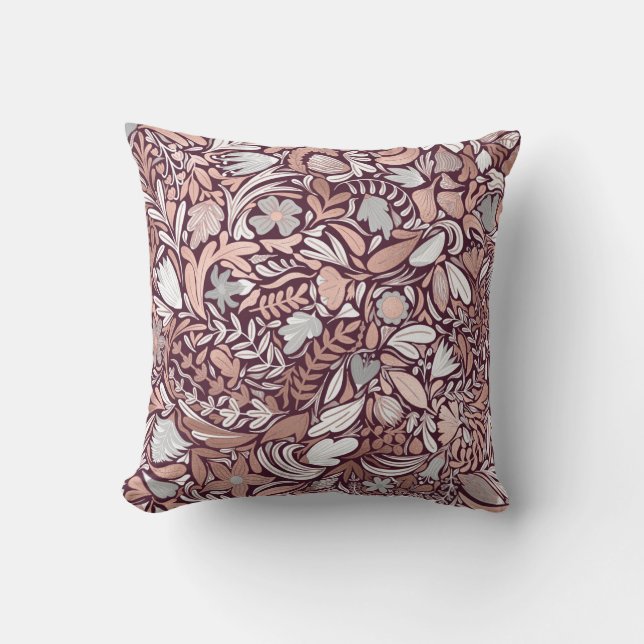 Rose Gold Burgundy Floral Illustration Pattern Cushion (Front)