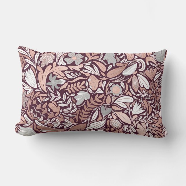 Rose Gold Burgundy Floral Illustration Pattern Lumbar Cushion (Front)
