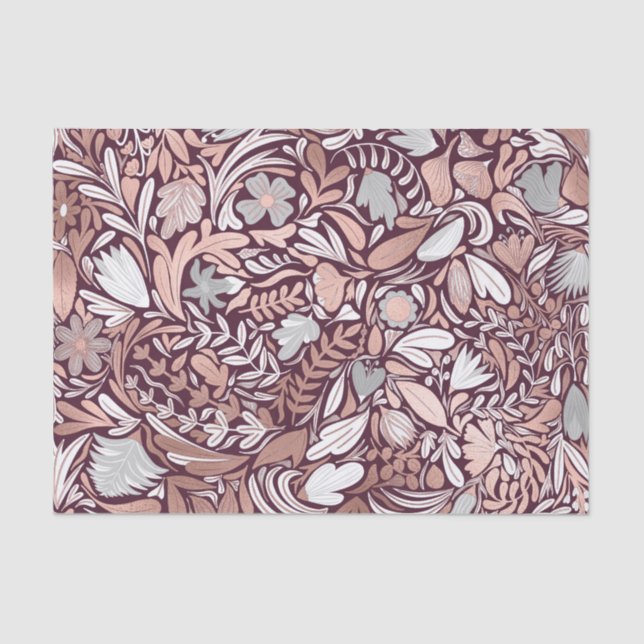 Rose Gold Burgundy Floral Illustration Pattern Tissue Paper (Front)