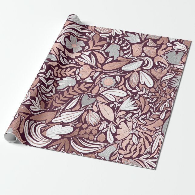 Rose Gold Burgundy Floral Illustration Pattern Wrapping Paper (Unrolled)