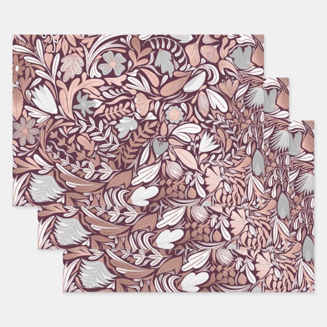 Rose Gold Burgundy Floral Illustration Pattern Wrapping Paper Sheet (Set)