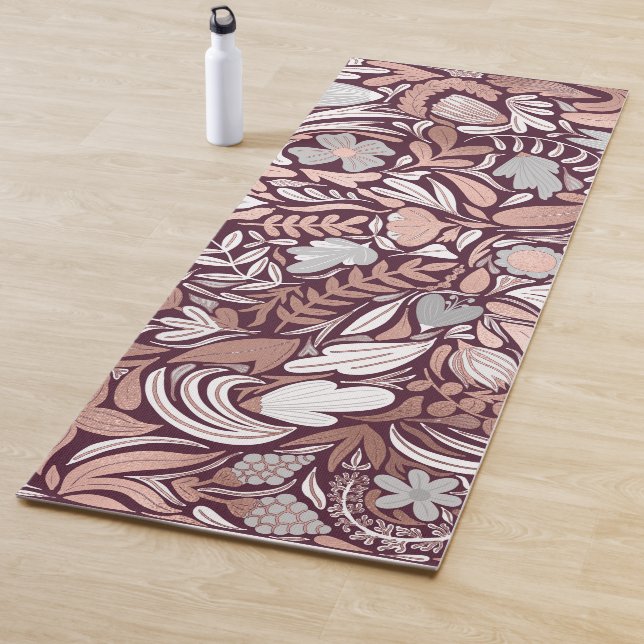 Rose Gold Burgundy Floral Illustration Pattern Yoga Mat (In Situ)