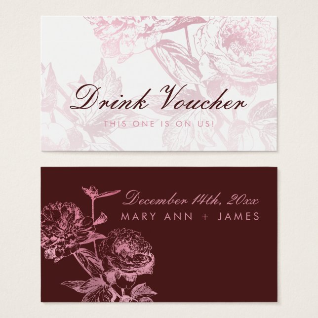 Rose Gold Burgundy Floral Wedding Drink Voucher (Front & Back)