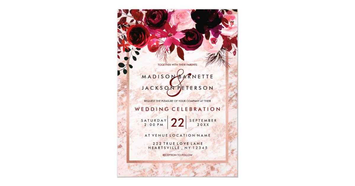 Rose Gold & Burgundy Floral Wedding Invitations Zazzle.co.uk