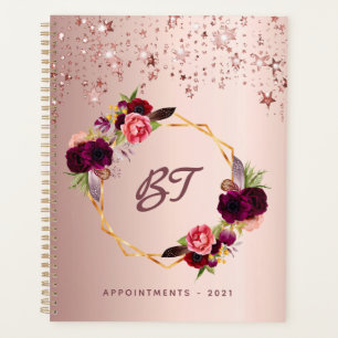 Rose gold burgundy florals monogram stars 2026 planner