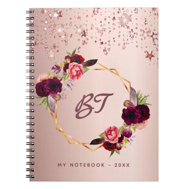 Rose gold burgundy florals monogram stars notebook (Front)