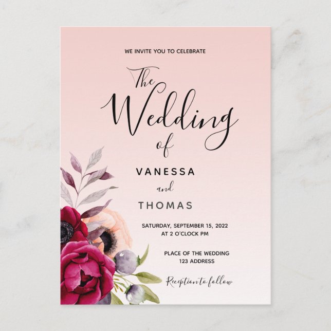 Rose gold burgundy florals wedding invitation postcard (Front)