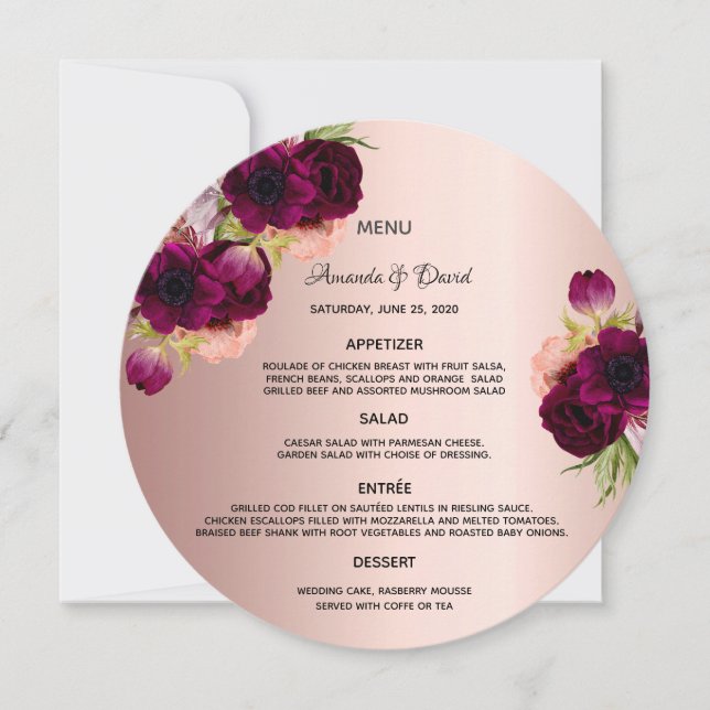 Rose gold burgundy florals wedding menu card (Front)