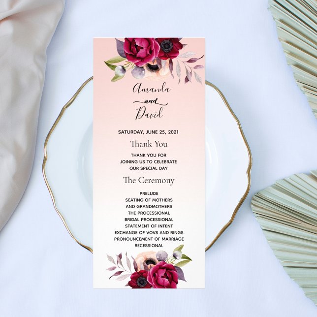 Rose gold burgundy florals wedding program rack card (Creator Uploaded)