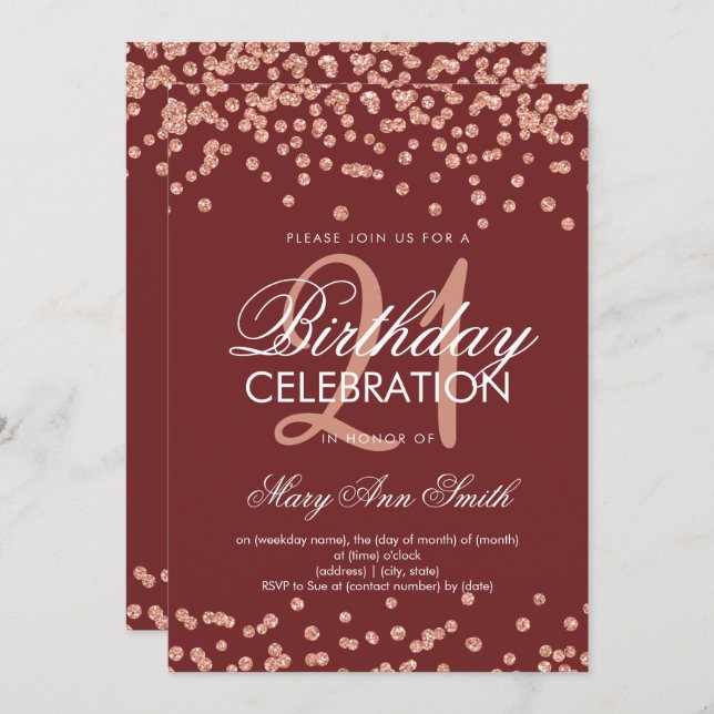 Rose Gold Burgundy Glitter Confetti 21st Birthday Invitation (Front/Back)
