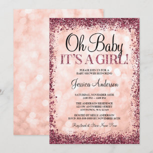 Rose Gold Burgundy Glitter Lights Girl Baby Shower Invitation