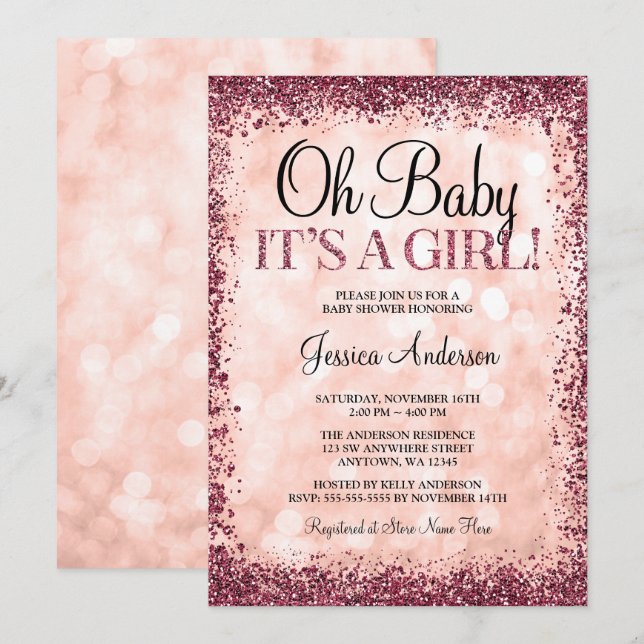 Rose Gold Burgundy Glitter Lights Girl Baby Shower Invitation (Front/Back)