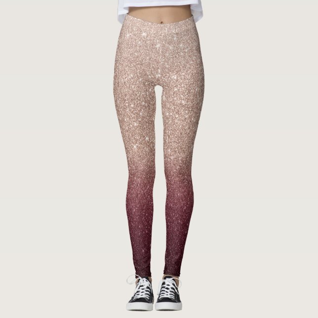 Rose Gold & Burgundy Glitter Ombre Modern Leggings (Front)