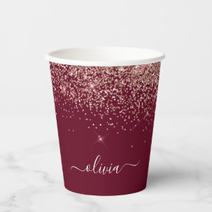 Rose Gold Burgundy Glitter Sparkle Monogram Paper Cups