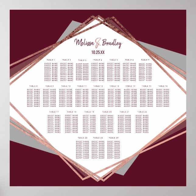 Rose Gold Burgundy Gray Geometric Seating Chart (Front)