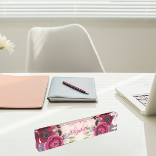 Rose gold burgundy lush flowers name monogram nameplate