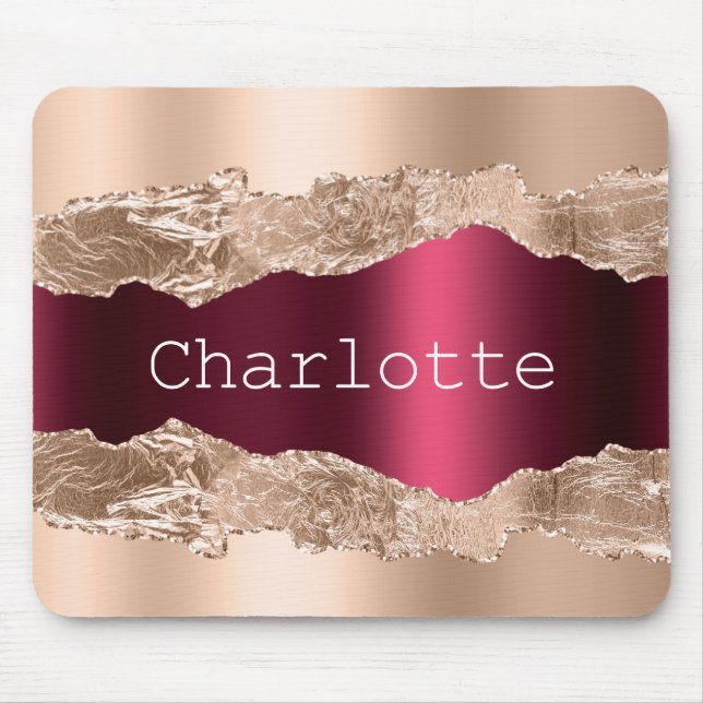 Rose gold burgundy metal agate marble name mouse mat (Front)