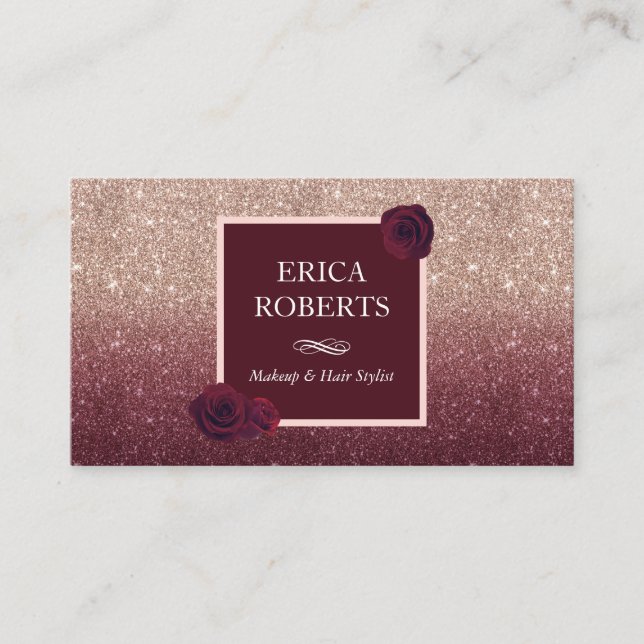 Rose Gold Burgundy Ombre Makeup Artist Hair Salon Business Card (Front)