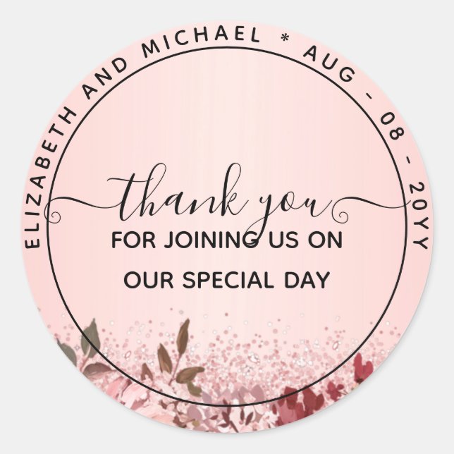 Rose Gold Burgundy Pink Floral Wedding Classic Round Sticker (Front)