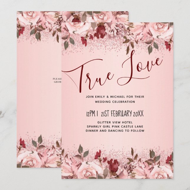 Rose Gold Burgundy Pink Floral Wedding Invitation (Front/Back)