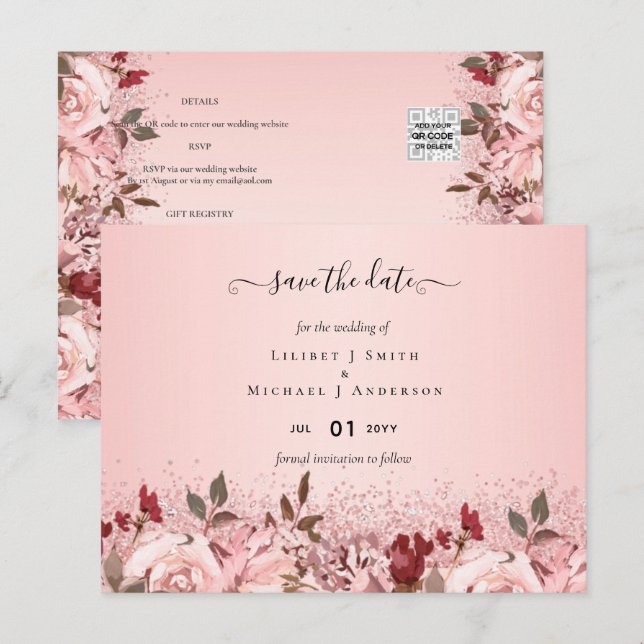 Rose Gold Burgundy Pink Floral Wedding Postcard (Front/Back)