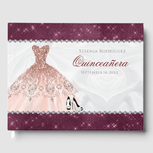 Rose Gold Burgundy Sparkle Glam Quinceañera Guest Book (Front)