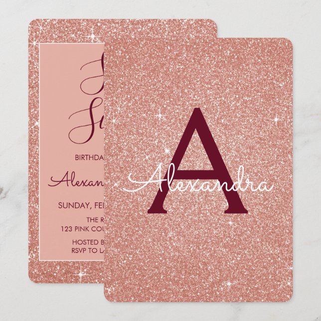 Rose Gold Burgundy Sparkle Glitter Sweet 16 Invitation (Front/Back)