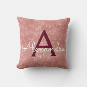Rose Gold Burgundy Sparkle Monogram Name Cushion