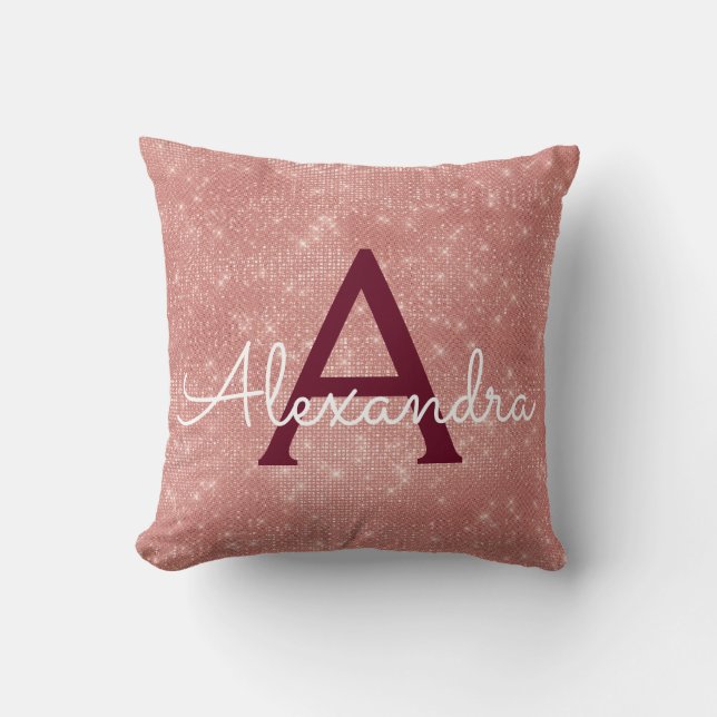 Rose Gold Burgundy Sparkle Monogram Name Cushion (Front)