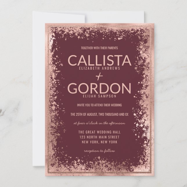 Rose Gold Burgundy Splatter Glitter Border Wedding Invitation (Front)