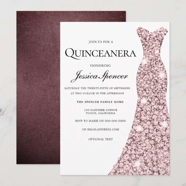 Rose Gold & Burgundy Velvet Quinceanera Invite (Front/Back)