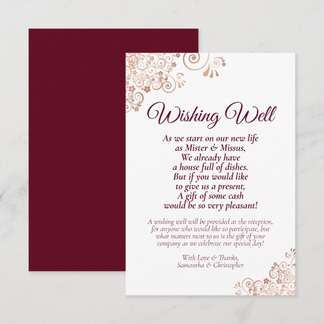 Rose Gold & Burgundy Wedding Wishing Well Poem Enclosure Card (Front/Back)