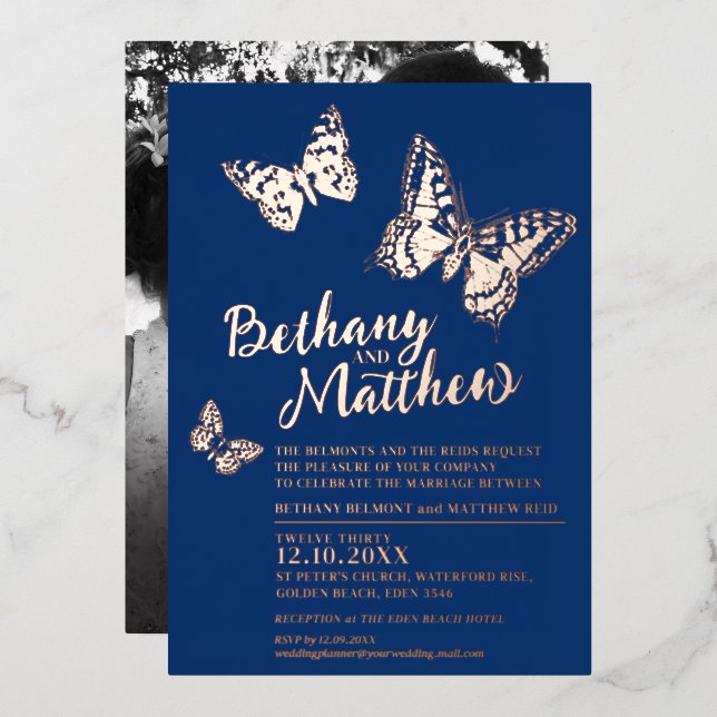 Rose gold butterflies on dark blue wedding (Front/Back)