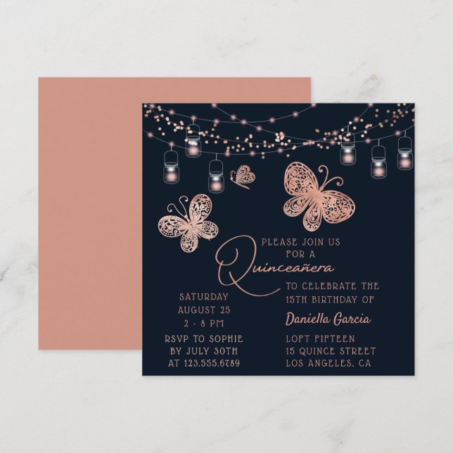 Rose Gold Butterfly Chic Modern Quinceañera Invitation (Front/Back)