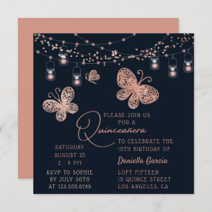Rose Gold Butterfly Chic Modern Quinceañera Invitation