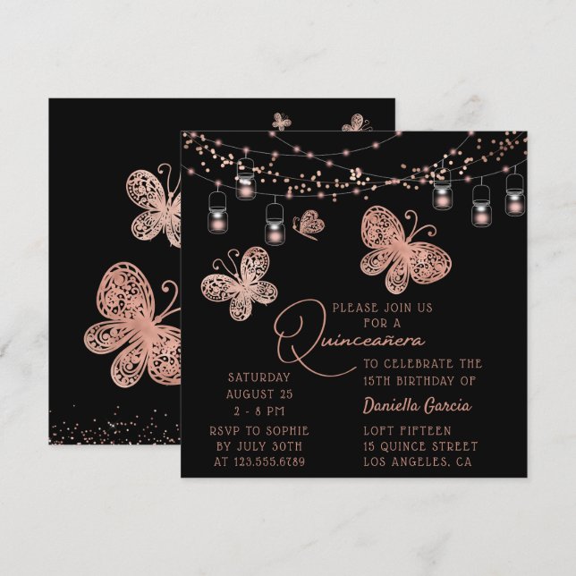 Rose Gold Butterfly Chic Modern Quinceañera Invitation (Front/Back)