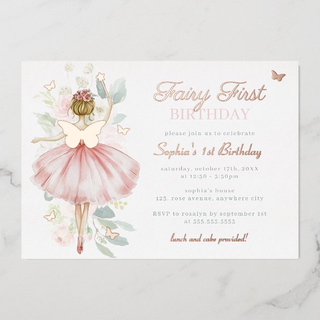 Rose Gold Butterfly Fairy First 1st Birthday  (Front)