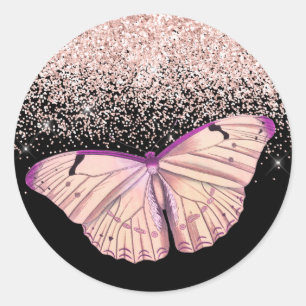 Rose Gold Butterfly Glitter Classic Round Sticker