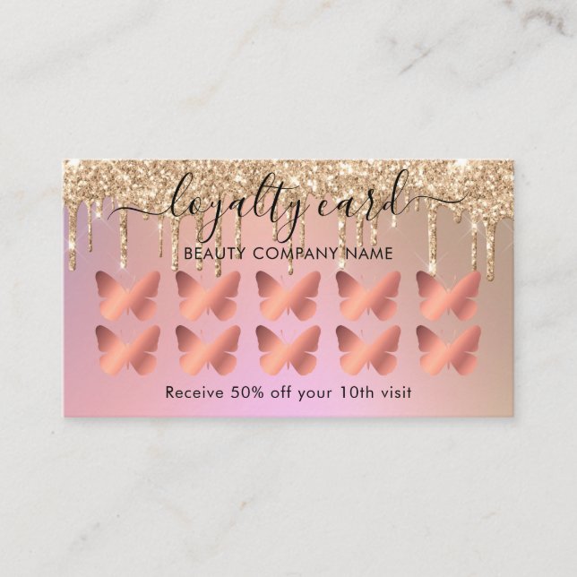 Rose Gold Butterfly Glitter Drips Loyalty Card (Front)