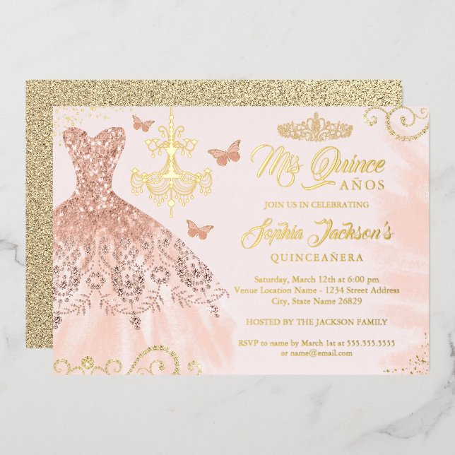 Rose Gold Butterfly Tiara Dress Quinceanera (Front/Back)