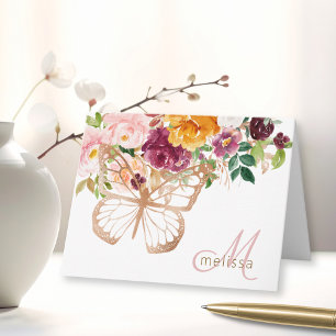 Rose Gold Butterfly & Watercolor Floral Bouquet Note Card