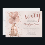 Rose Gold Cake 60th Birthday Invitation<br><div class="desc">This beautiful 60th birthday party invitation featuring a 2-layer rose gold glitter cake with rose gold balloons, the number 60 in rose gold and sparkly rose gold confetti on blush would be perfect for celebrating your wife, mum, sister, friend, co-worker. It is traditional and classic while being fresh, modern and...</div>